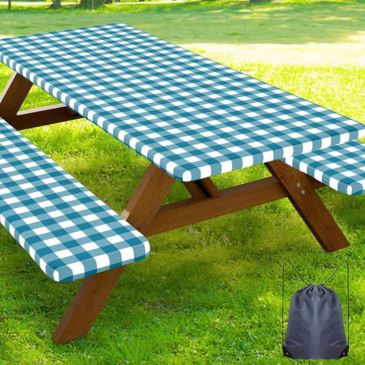 Smiry Picnic Table Cover with Bench Covers, Waterproof Elastic Fitted Tablecloths for 8 Foot Rectangle Tables, Washable Buffalo Plaid Tablecloth for Camping, Outdoor (Turquoise & White 30"x96")