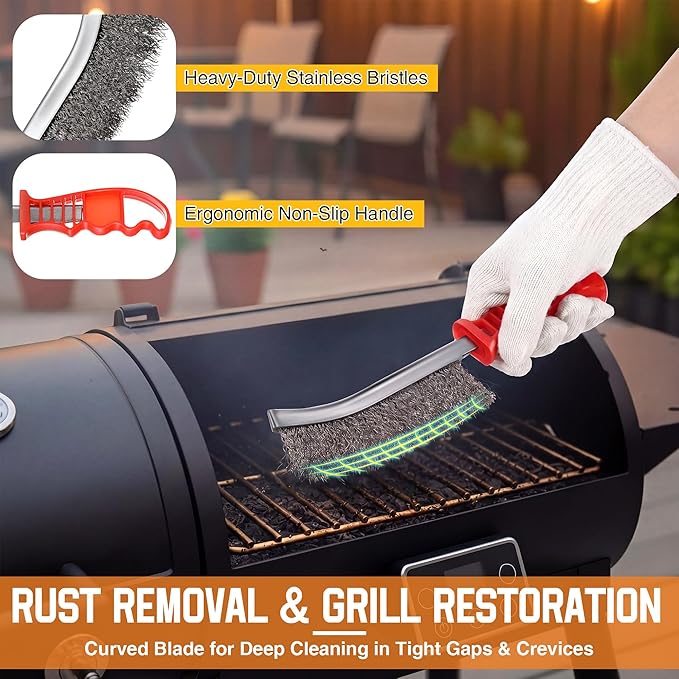4 Piece Pellet Grill Ash Cleaning Kit, Includes Large Dust Pan, Soft Bristle Brush, Metal Scraper and Wire Brush for Easy Removal of Ash, Debris and Grime