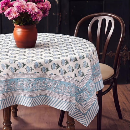 Block Print Tablecloth, 60 x 60 inch Fabric Square Table Cover Flower Table Cloth for Mahjong Weddings Spring Summer and Barbeque Farmhouse Dining Dinner Tablecloth(Style A,Blue)