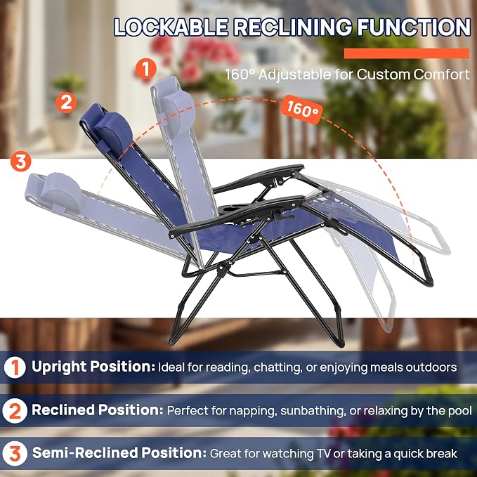 Chaise Lounge Chair Outdoor Set of 2, Oversized Zero Gravity Chair, Blue | Foldable Lounge Chair with Cup Holder, Lawn Chairs Adjustable with Side Table Headrest, Portable Camping Chair for Outdoor