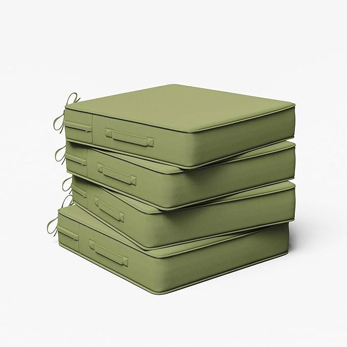 Outdoor Chair Cushion 19 x 19 x 4 Inches Patio Furniture Outdoor Waterproof Seat Cushion, Patio Chair Cushion with Handles and Ties, Square Dining Chair Cushion Set of 4, Light Green
