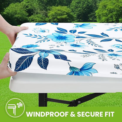 Smiry Spandex Fitted Tablecloth for 8 Foot Rectangle Tables, Washable Picnic Table Cover with Elastic, Stretch Reusable Table Cloth for Outdoor, Camping, Dining & Kitchen (Blue Flower, 30"x96")