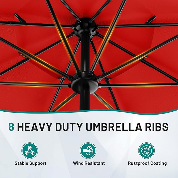 AreShark 9ft 3-Tier Patio Umbrellas, Outdoor Umbrella with 8 Sturdy Ribs UV Protection Windproof, Market Table Umbrella w/Push Button Tilt & Crank for Pool, Porch, Deck, Garden(Red)
