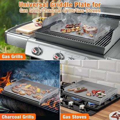 Griddle for Gas Grill, Universal Fry Griddle Flat Top Plate, 17" x13” Metal Cooking Griddle Pan Flat Top Rectangular Plate with Removable Handles for Gas Stove/Charcoal/Gas Grills