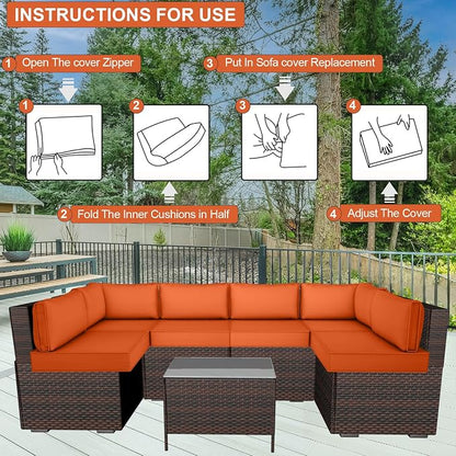 14 Piece Outdoor Patio Cushion Cover Replacement, Waterproof Patio Cushion Covers, Outdoor Furniture Cushion Covers Set for 6 Seat Wicker Rattan Sofa (Orange)