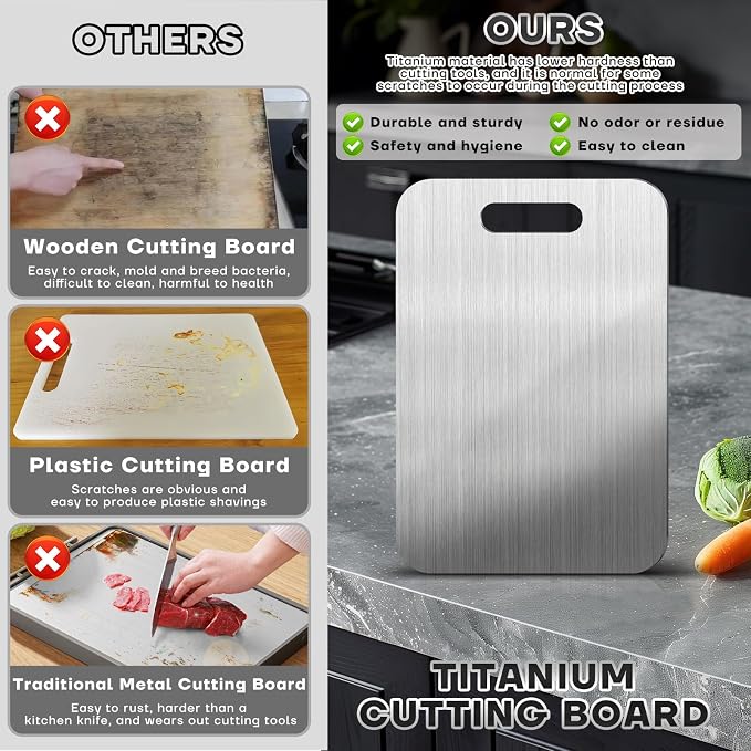 Katori Titanium Cutting Boards for Kitchen-100% Pure Titanium Cutting Board set Double Sided Non Toxic Titanware Chopping Board,Dishwasher Safe Metal Cutting Boards FathersDay Gifts(3PC-S+L+XL)
