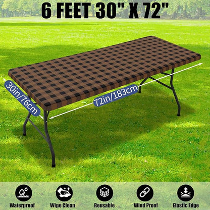 Smiry Picnic Table Cloth 2 Pack, Waterproof Elastic Fitted Tablecloths for 6FT Rectangle Tables, Washable Polyester Buffalo Plaid Tablecloth for Camping& Outdoor (Black & Brown, 30" x 72")