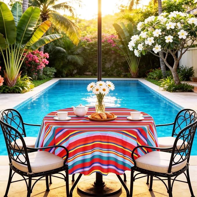 SquarePie Round Outdoor Tablecloth with Umbrella Hole and Zipper Patio Waterproof Table Cloth Cover for Camping Picnic BBQs Backyard,60 Inch Color Stripe