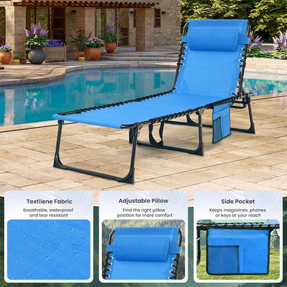 Outdoor Folding Chaise Lounge 5-Position Adjustable Recliner 400LB Heavy Duty Portable Patio Camping Beach Chair, Blue