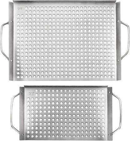 Outset Stainless Steel Grill Topper Grid, Set of 2, 11"x7" and 11"x17" BBQ Basket Trays