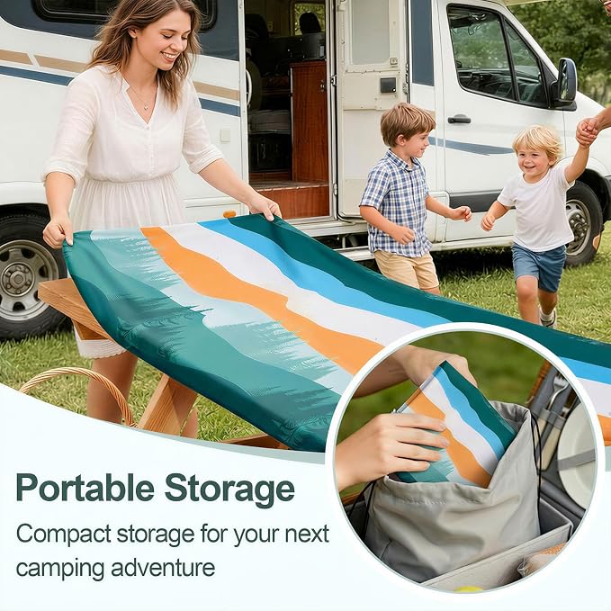 Picnic Table Cover Bench Covers Camping Essentials Tablecloth | Waterproof Vinyl for Outdoor, Windproof Elastic Fitted Edges, RV BBQ Accessories Must Haves, Storage Bag Included