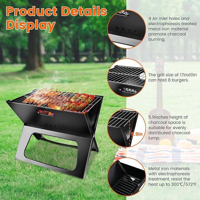 Folding Charcoal Grills, Black Notebook-Style Small Portable BBQ Grill for Outdoor Camping, Picnics, Cooking, Bonfire, Patio, Backyard