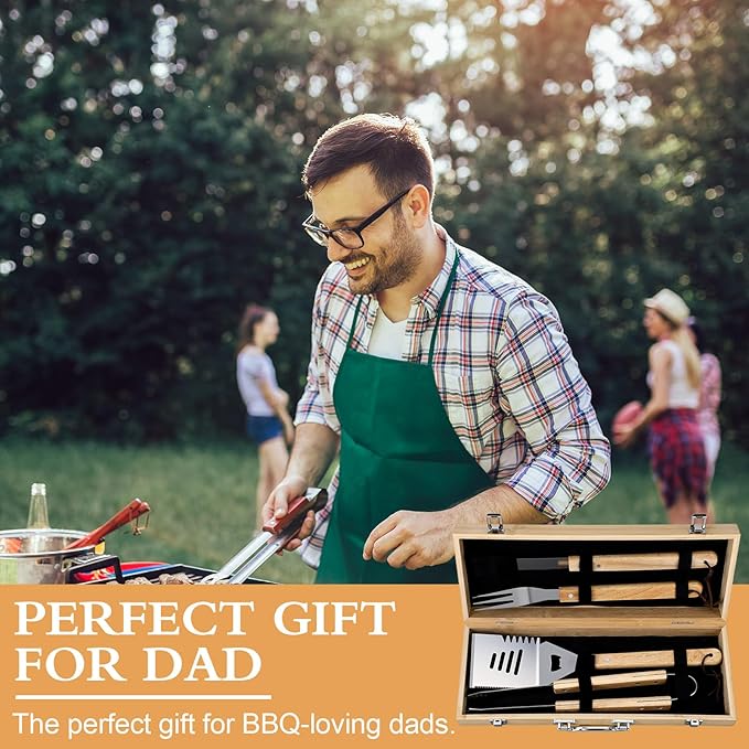 Pangda BBQ Accessories Grill Tools Set with Wooden Storage Case - 4 Pcs Grilling Accessories Gift for Dad Stainless Steel for Outdoor with Tongs Spatula Fork and Basting Brush Grilling Gifts