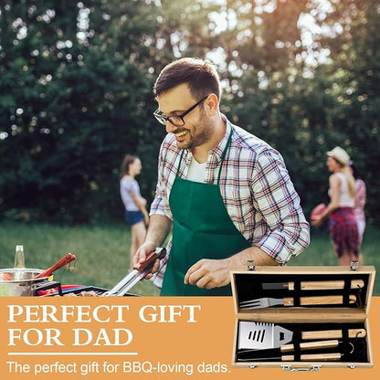 Pangda BBQ Accessories Grill Tools Set with Wooden Storage Case - 4 Pcs Grilling Accessories Gift for Dad Stainless Steel for Outdoor with Tongs Spatula Fork and Basting Brush Grilling Gifts