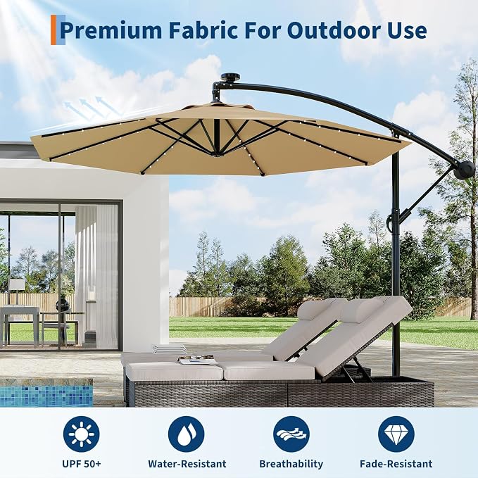Garvee 10FT Solar Lights Offset Patio Umbrella with Cross Base, Tan | Cantilever Umbrella with Easy Lift & Tilt Adjustment, 8 Ribs Sun umbrella UV Protection for Backyard, Pool, Garden
