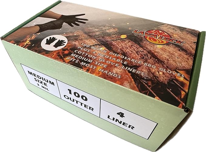LavaLock Disposable Nitrile BBQ Gloves with Cotton Liners for Outdoor Cooking Grilling Smokers and Barbecue Competition (Medium 100 Count Black)