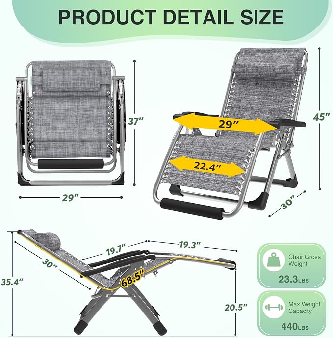 Suteck Oversized Zero Gravity Chair, 29" XL Reclining Lounge Chairs | W/Removable Cushion&Headrest, Upgraded Lock, Big Cup Holder and Footrest, Reclining Camping Chair Recliner for Indoor Outdoor