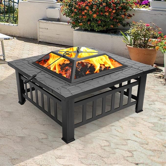 32 Inch Heavy Duty Metal Square Patio Firepit Table BBQ Garden Stove with Spark Screen Cover Log Grate and Poker for Outside Wood Burning and Drink Cooling