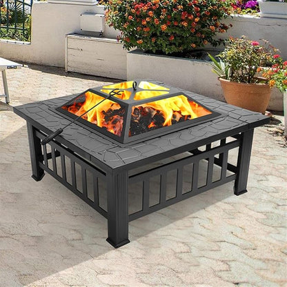 32 Inch Heavy Duty Metal Square Patio Firepit Table BBQ Garden Stove with Spark Screen Cover Log Grate and Poker for Outside Wood Burning and Drink Cooling