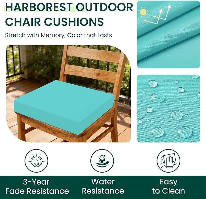 HARBOREST Outdoor Chair Cushions Set of 4, Water Resistant Patio Chair Cushions with Ties, Square Corner Outdoor Seat Cushions for Patio Furniture, 18.5"x16"x3", Teal