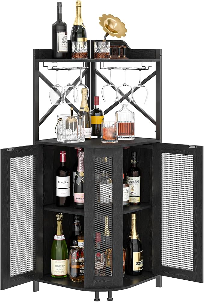 JKsmart 4-Tier Corner Bar Cabinet with LED Light and Glass Holder, Mini Bar | Industrial Liquor Cabinet with Door and Storage Shelf, Space-Saving Home Bar for Wine, Coffee and Entertaining, Black