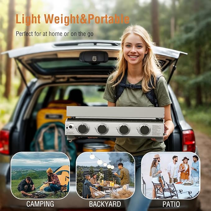 COWSAR Portable 4 Burners Stainless Steel BBQ Griddle, 32000 BTUS Propane Gas Grill with Uncoated and Non-stick Grids for Garden, Camping, Outdoor, Picnic