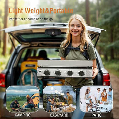 COWSAR Portable 4 Burners Stainless Steel BBQ Griddle, 32000 BTUS Propane Gas Grill with Uncoated and Non-stick Grids for Garden, Camping, Outdoor, Picnic