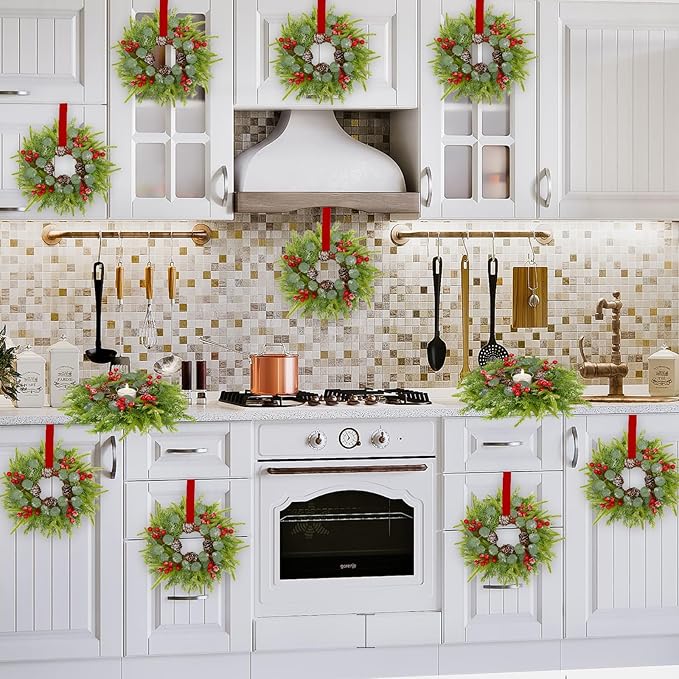 Waipfaru 18 Pcs Small Christmas Wreath, Mini Wreaths for Cabinets, Christmas Wreaths for Windows Kitchen Front Door Candle Rings Fireplaces Table Centerpiece Indoor Outdoor Decorations
