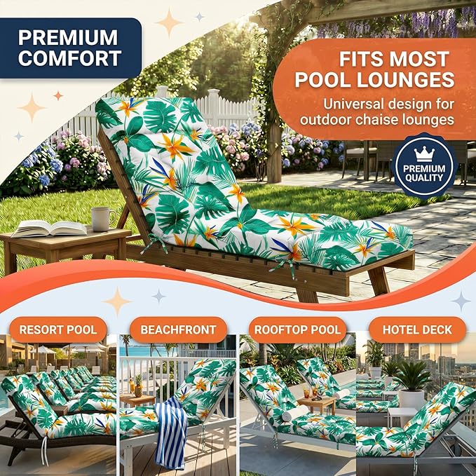 MAGIC ELEPHANT Chaise Lounge Cushion Outdoor, Memory Foam Patio Lounge Chair Cushion with Ties for Outdoor Furniture, 74 x 22 x 4 Inch (Tropical Monstera)