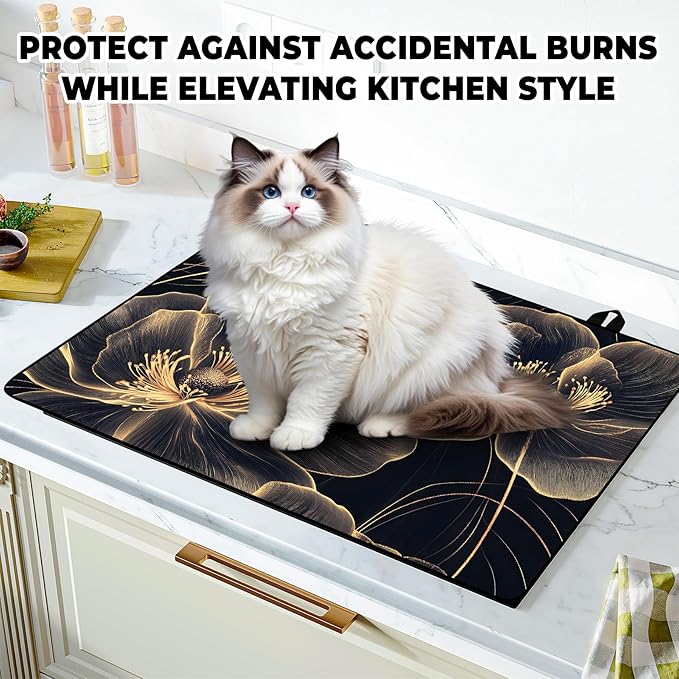 Stove Top Cover Retro Flower Gas Stove Top Cover for Home Decoration Kitchen Pad Non-Stick Washable Cooktop Covers Countertop Protector Keep Stove Clean 28"x20" (Golden border flower)