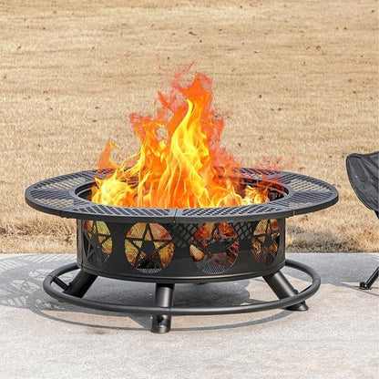 OutVue 36 Inch Fire Pit with 2 Grills, Wood Burning Fire Pits for Outside with Lid & Poker, BBQ& Outdoor Firepit & Round Metal Table 3 in 1 for Patio, Picnic, Party