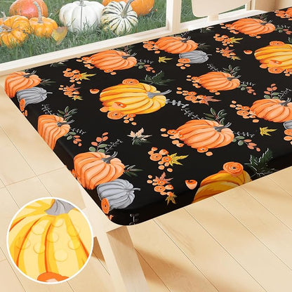 Smiry Thanksgiving Fitted Table Cover, 4 FT Flannel Backed Vinyl Tablecloth | Waterproof Elastic Stretch Table Cloth, Wipeable Plastic Tablecloth for Autumn Harvest & Parties (Black & Yellow, 24" x 48")