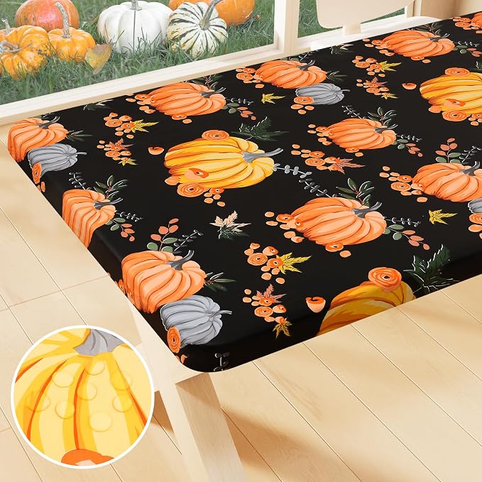 Smiry Thanksgiving Fitted Table Cover, 8 FT Flannel Backed Vinyl Tablecloth | Waterproof Elastic Stretch Table Cloth, Wipeable Plastic Tablecloth for Autumn Harvest & Parties (Black & Yellow, 30" x 96")