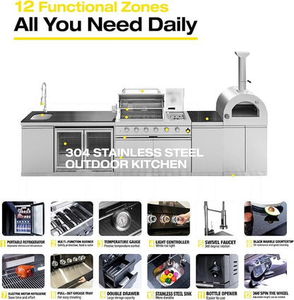 150-inch Stainless Steel Outdoor Kitchen Island,Propane BBQ Grill with Pizza Oven,Rotisserie,Double Door Refrigerator,Granite Countertop,Storage Cabinets & Drawers 108,000 BTU.