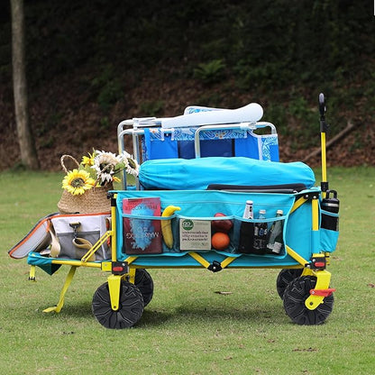 300lbs Extra Long 49" L Beach Wagon with Big Wheels with Brake for Sand, Collapsible Utility Beach Cart Heavy Duty Folding Wagon,Ideal for Outdoor Sand Camping Garden Pet