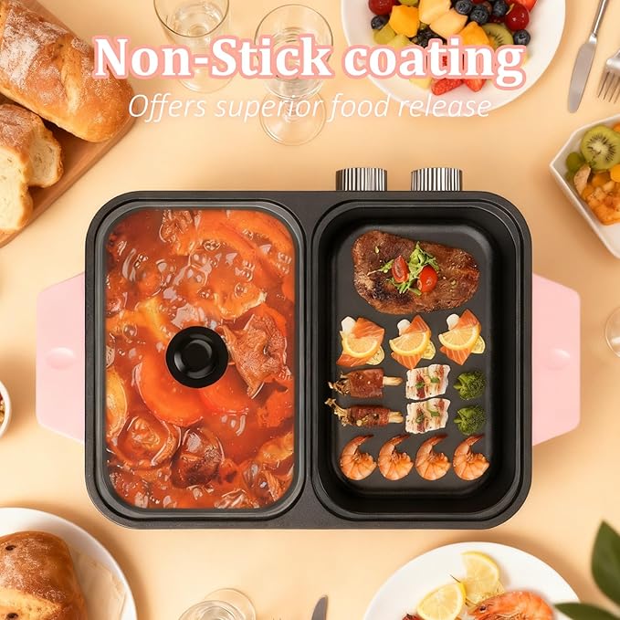 Hot Pot Electric with Grill, 2-in-1 Nonstick Korean BBQ Grill Indoor Smokeless Hotpot Pot Electric Cooker Sahabu Shabu Pot, Independent Dual Temperature Control