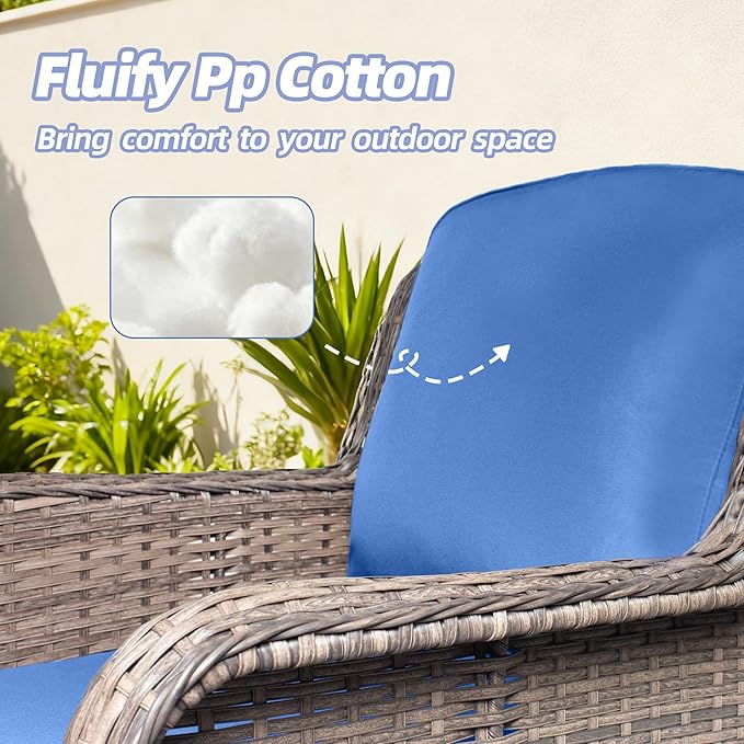 2 Pieces Patio Wicker Furniture Set, High Back Wicker Patio Chair Set with Ottoman, Outdoor Porch Chair with Thick Cushion for Balcony Deck Yard and Porch, Blue