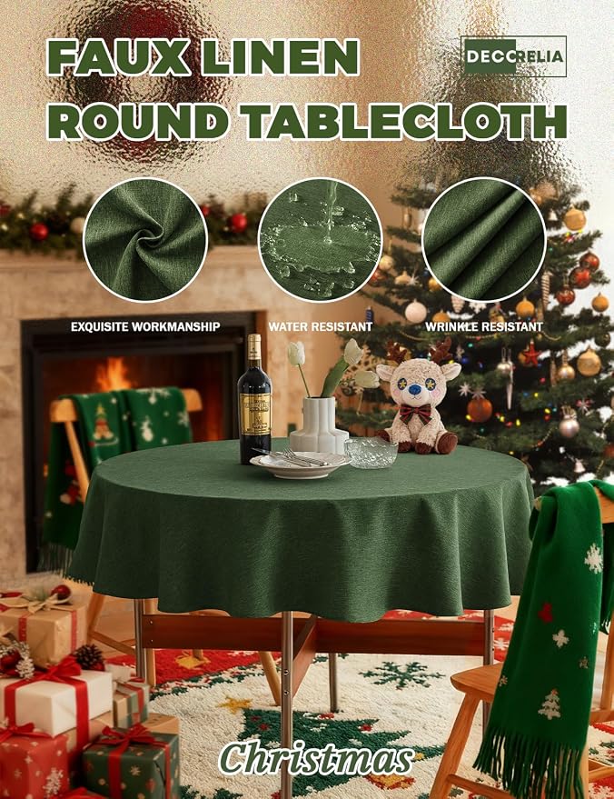 Decorelia Waterproof Round Tablecloth for Round Dining Table, Decorative Rustic Wipeable Table Cloths Cover Indoor Outdoor Use for Holiday,Wedding, Kitchen (70 Inch,Round (4-6 Seats),Dark Green)