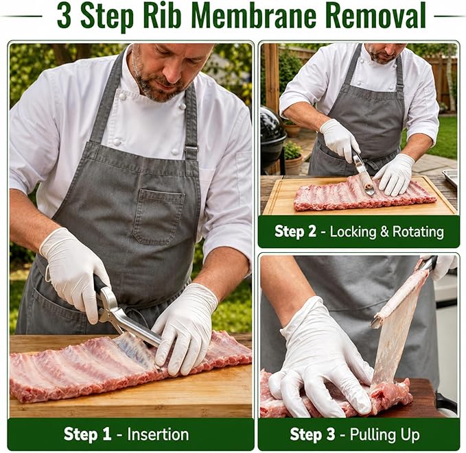 Rib Membrane Removal Tool, Stainless Steel Cooking Accessories, Ergonomic BBQ Accessories, Dishwasher Safe Grilling Accessories, Barbecue Tool Set - Gift for Men (Dark Black)