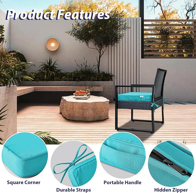 IPYNBAP Outdoor Chair Cushions Set of 4 -Waterproof Outdoor Seat Cushions for Patio Furniture, Patio Chair Cushion with Handle and Ties, Out Door Chair Pads,19x19x3-Square, Teal