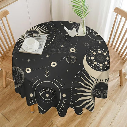 Sun Moon Round Tablecloth Boho Astrology Mystical Celestial Star Crescent Galaxy Space Table Cloth Water Resistant Wipeable Table Cover for Farmhouse Picnic Party Holiday Kitchen Dinner Table 36"