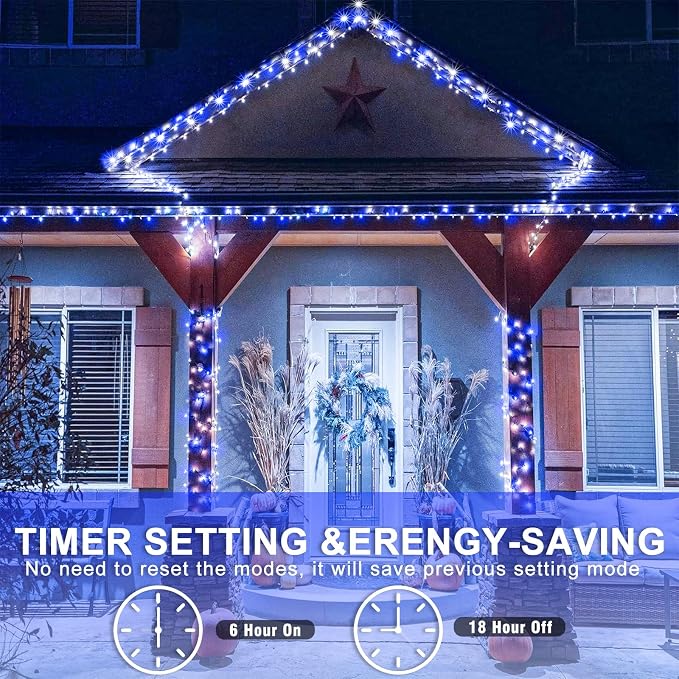40FT 120 LED Outdoor String Lights, Blue and White Christmas Lights Indoor | Plug in Waterproof 8 Modes Clear Wire Twinkle Fairy Lights for Bedroom Outside Patio Yard Xmas Party Holiday Decorations