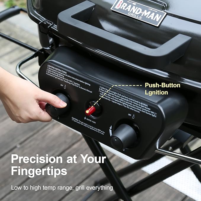 Brand-Man Portable Propane Gas Grill with Folding Cart and Push-Button Ignition, Standup Design for Camping, Tailgating, Backyard BBQ, Patio, Outdoor Cooking (Black)