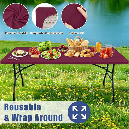 Moosfor 2 Pack Rectangle Spandex Fitted Table Cloth, 4FT Elastic Tablecloth | Washable Picnic Table Cover, Stretch Waterproof Table cloths for Party, Patio, Dining, Kitchen, 30" x 48", Jujube Red