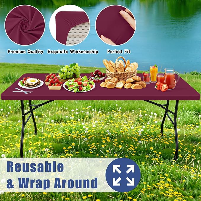Moosfor Spandex 4 Foot Rectangle Table Cloth, Elastic Fitted Tablecloths for Picnic, Stretch Washable Patio Table Cover for Outdoor, Camping, Banquet and Parties (Jujube Red, 30"x48")