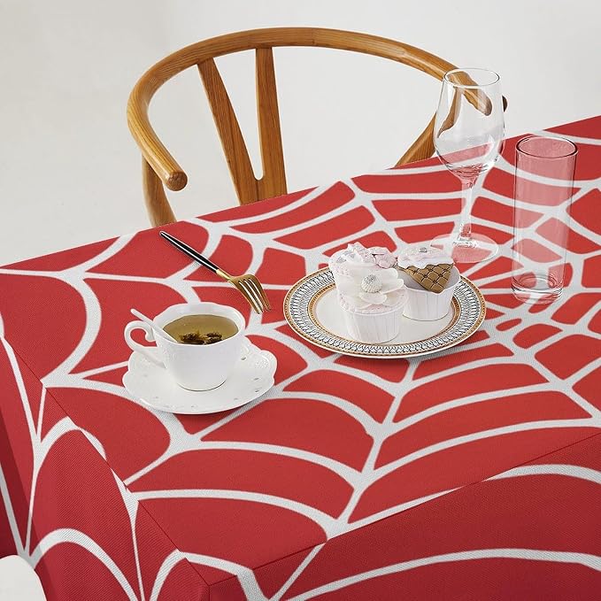 Spider Web Hero Tablecloth, White Spiderweb Red Cobweb Water Resistant Wipeable Table Cover for Picnic Party Holiday Kitchen Dinner Table 55"x75"