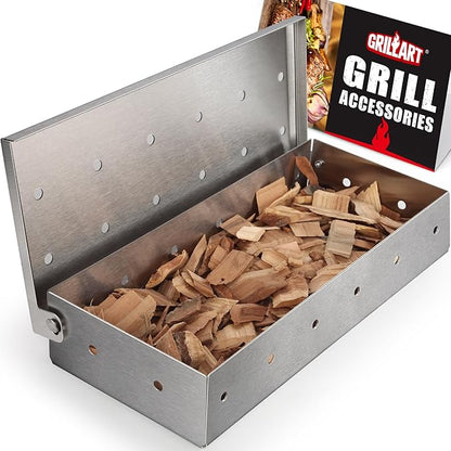 GRILLART Grill Smoker Box for Gas Grilling & All Grills, Thicker Stainless Steel Wood Chip Smoker Boxes Heavy Duty, Smoking Box Grill Accessories for Outdoor Grill, Grilling Gifts for Men