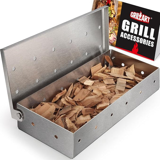 GRILLART Grill Smoker Box for Gas Grilling & All Grills, Thicker Stainless Steel Wood Chip Smoker Boxes Heavy Duty, Smoking Box Grill Accessories for Outdoor Grill, Grilling Gifts for Men