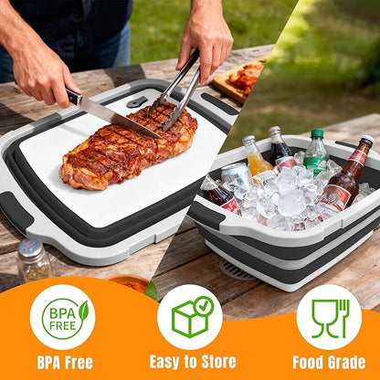 BBQ Prep Tub with Lid and Cutting Board - Collapsible Barbecue Tool Set for Marinating, Grilling, BBQ Prep Station for Outdoor Cooking, Camping Kitchen Accessories & Barbecue Utensils, X-Large Black