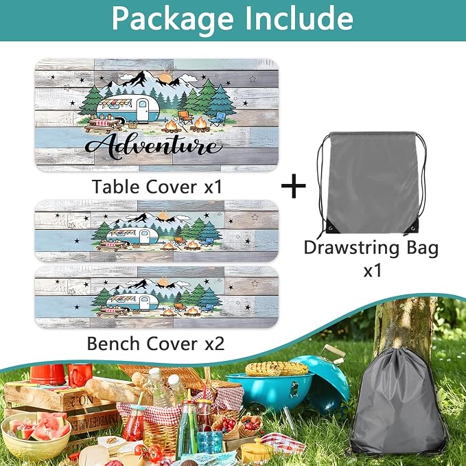 Fitted Picnic Table Cover with Bench Covers and Bag, Camping Essentials, Wooden Camper Fitted Table Cover, 6ft Outdoor Tablecloth Waterproof Windproof with Elastic Edge 3 PCS 30x60 Inch